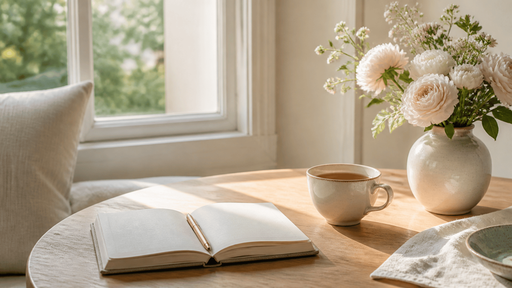 Open journal, tea, and flowers in a sunlit morning nook